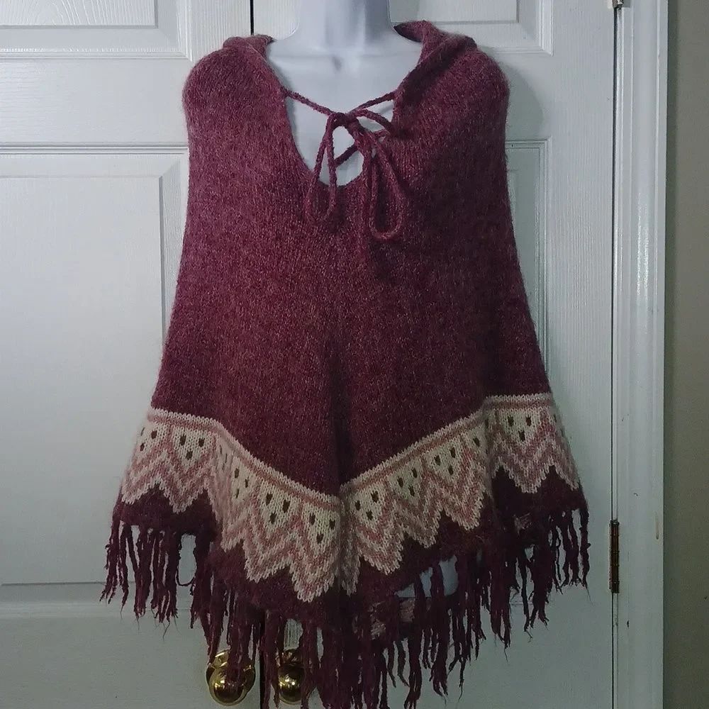 MAX STUDIO Mauve White Fringe Mohair Wool Acrylic Mix Hooded  Poncho One Size